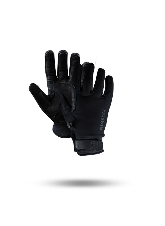 A pair of black winter gloves, one showing the back of the hand with the brand name 'NIMSDAI' printed vertically, and the other showing the palm side, set against a plain white background with a soft shadow underneath.