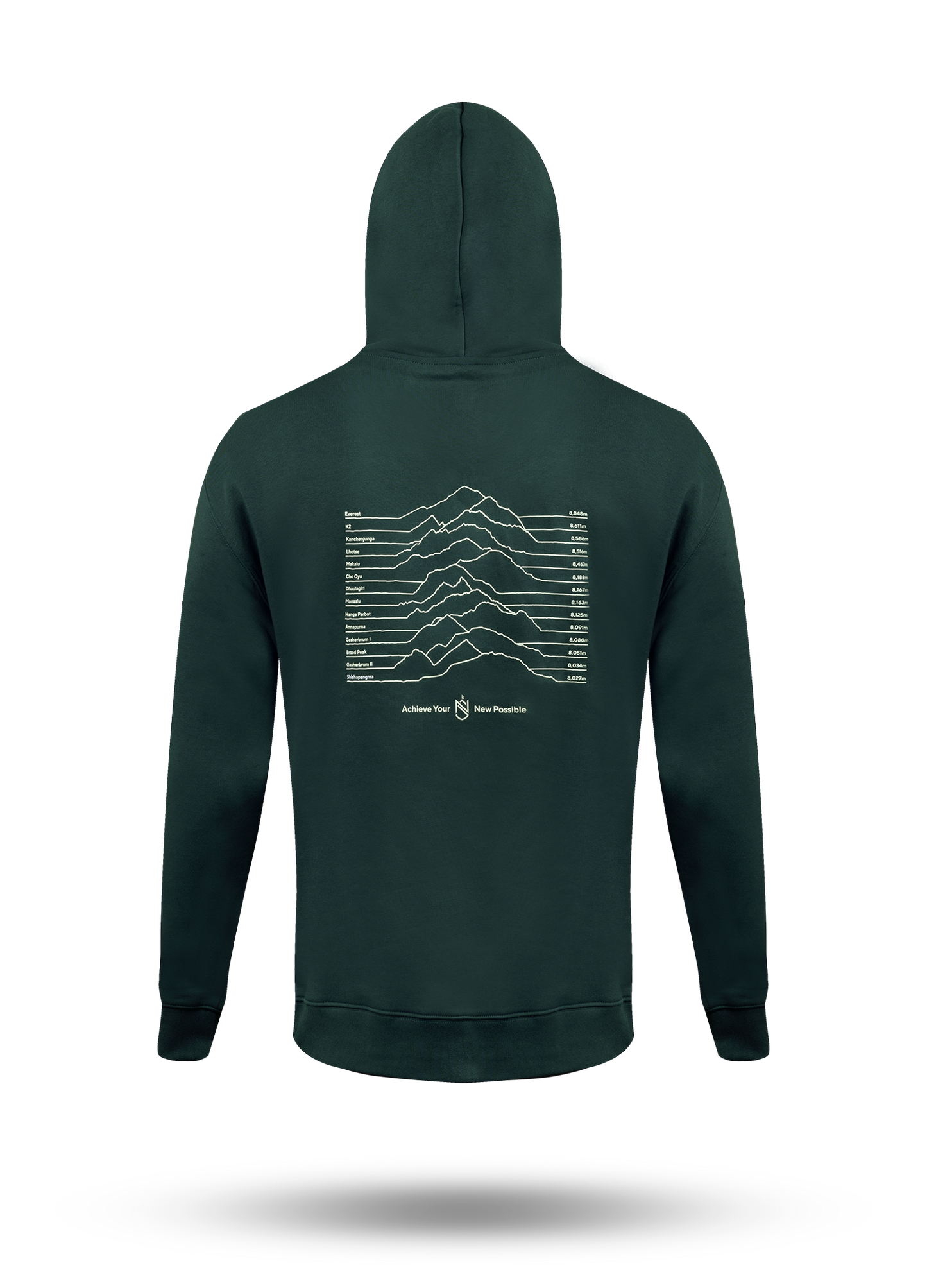 A nimsdai store relentless dark green hoodie shown from the back, featuring a white topographic mountain line graphic and the text 'Achieve your new possible' by nims purja