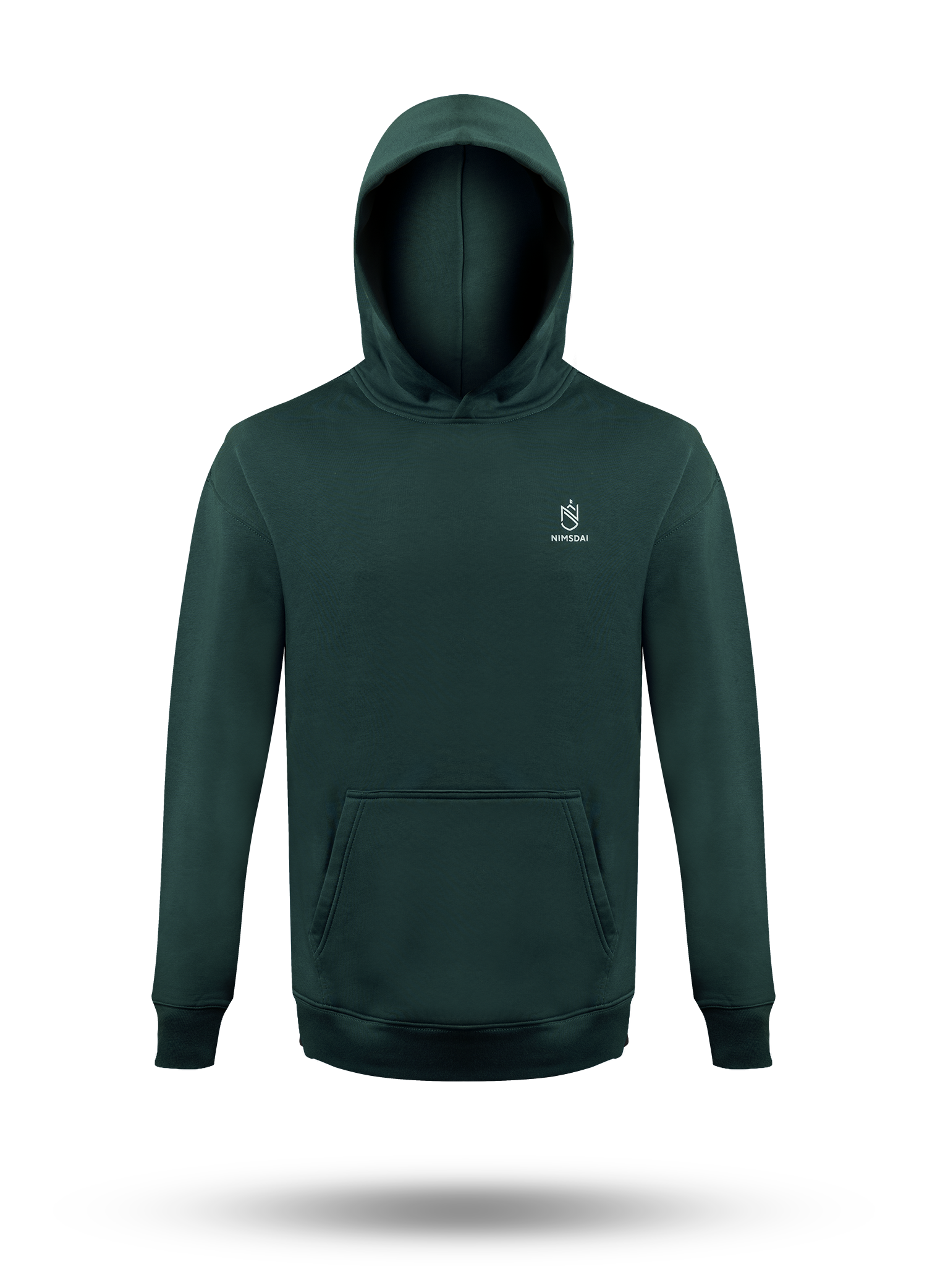 A nimsdai store relentless dark forest green pullover hoodie with a small white embroidered crest logo on the left chest, displayed on a clean white background with a soft drop shadow.